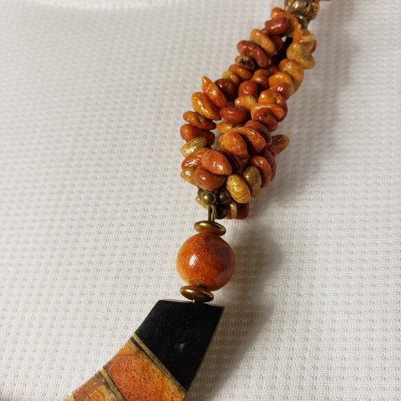 Vintage Mosaic Coral Necklace Tiger & Apple Bead Multi Strand Boho - Picture 5 of 9